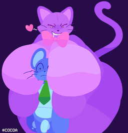 accessory anthro balls between_breasts big_breasts biped blue_body blue_ears bodily_fluids bow_tie breasts curvy_figure drooling duo evil_grin eyebrows featureless_breasts female front_view genitals head_between_breasts heart_symbol huge_breasts huge_hips huge_thighs larger_female male male/female monotone_body necktie nude nude_female nude_male penis plushie purple_background purple_body purple_ears purple_tail saliva scared simple_background simple_eyes size_difference smaller_male smile sweat tail text thick_thighs voluptuous whiskers wide_eyed wide_hips cocoaberry lovedoll_toy_factory catti_(gremlingrounded) jerri_(gremlingrounded) animate_inanimate domestic_cat felid feline felis living_plushie mammal mouse murid murine rodent 2026 absurd_res artist_name digital_drawing_(artwork) digital_media_(artwork) hi_res lineless