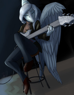 5_fingers anthro big_wings blue_body bone_frill boots bottomwear chair clothing electric_guitar eyes_closed feathered_wings feathers female fingers footwear frill_(anatomy) furniture grey_hair guitar hair high_heeled_boots high_heels holding_guitar holding_musical_instrument holding_object jacket jewelry musical_instrument on_chair pants pendant plantigrade playing_guitar playing_music plucked_string_instrument ring shirt shoes sitting sitting_on_chair solo stool string_instrument topwear wings ei_art cavemanon_studios goodbye_volcano_high ko_op_(game_developer) snoot_game fang_(gvh) prehistoric_species pterosaur reptile scalie colored hi_res
