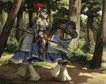 anthro armor biped breasts bridle canid canine canis chest_scar clothing digital_media_(artwork) digital_painting_(artwork) digitigrade domestic_dog duo equid equine exposed_breasts facial_scar female feral forest forest_background halberd honovy horse horse_armor husky hybrid jaclyn_(revertigo) mammal melee_weapon nature nature_background nipples nordic_sled_dog painting_(artwork) plant plate_armor polearm quadruped riding saddle scar shaded spitz stirrups tabard tack tree weapon wolf