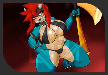 abstract_background anthro axe big_breasts bracelet breasts broken_horn camel_toe collar female hair horn huge_breasts jewelry kneeling navel non-mammal_breasts non-mammal_navel overweight overweight_anthro overweight_female red_hair slightly_chubby snarling solo spiked_bracelet spiked_collar spikes spread_legs spreading thick_thighs wide_hips diamond_grenadier mario_bros nintendo koopa scalie distracting_watermark hi_res watermark