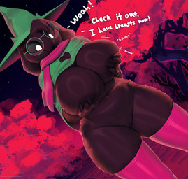 anthro areola belly big_breasts black_body black_fur black_sclera breast_squish breasts clothing crossgender curvy_figure deep_navel dialogue dutch_angle eyebrows eyewear female front_view fur genitals glasses hat headgear headwear innie_vulva legwear looking_down mtf_crossgender navel nipples open_mouth skindentation slightly_chubby solo squish text thick_thighs thigh_squish voluptuous vulva white_eyes wide_hips thousandfoldfeathers deltarune undertale_(series) ralsei bovid caprine darkner goat mammal 2022 colored digital_media_(artwork) english_text hi_res url