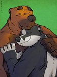 anthro black_body black_fur black_nose brown_body brown_fur duo eyes_closed fur hug humanoid_hands male overweight overweight_male white_body white_fur k-9 barry_the_pizza_bear badger bear mammal mustelid musteline 2022 hi_res