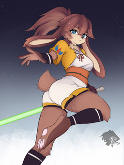 5_fingers anthro barefoot black_clothing black_legwear black_nose blue_eyes brown_body brown_ears brown_eyebrows brown_fingers brown_fur brown_hair brown_hands brown_tail butt clothed clothing eyebrows feet female fingers fully_clothed fur hair legwear logo orange_clothing pawpads pink_pawpads scut_tail short_tail tail text topwear white_clothing yellow_clothing yellow_topwear skyversa star_wars star_wars_visions lop_(star_wars_visions) lagomorph leporid mammal rabbit absurd_res artist_logo artist_name hi_res