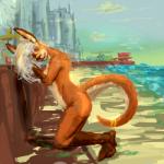 anthro beach breasts city cityscape female green_eyes hair impressionist nude outside pose sea seaside side_boob smile solo water cool. kiat_(cool.) kangaroo macropod mammal marsupial 1:1 2015 digital_media_(artwork) digital_painting_(artwork)