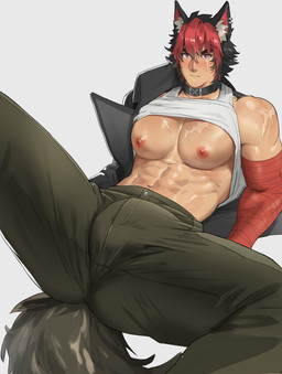 abs barazoku black_hair bottomwear bulge clothed clothing collar deltoids ear_piercing eyebrows hair inner_ear_fluff male multicolored_hair muscular muscular_male nipples pants pecs piercing raised_clothing raised_shirt raised_topwear red_eyes red_hair scar shirt solo topwear tuft naoki770099 mihoyo zenless_zone_zero komano_manato animal_humanoid canid canid_humanoid canine canine_humanoid dog_humanoid humanoid mammal mammal_humanoid 2025 hi_res