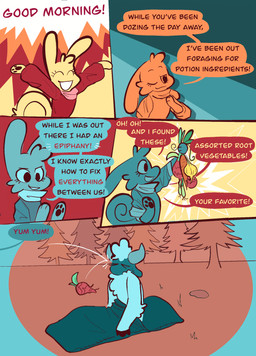 anthro carrot duo excited female food forest forest_background fur horn male male/female nature nature_background plant smile speech_bubble text throwing_object tired tree vegetable wool_(fur) vanilla_candy unicorn_blood_(comic) saffron_(unicorn_blood) tulip_(unicorn_blood) bovid caprine lagomorph mammal sheep absurd_res comic english_text hi_res restricted_palette