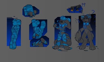 after_transformation anthro bdsm blue_clothing bondage bound bow_ribbon bow_tie clothing exclamation_point fangs female floppy_ears fluffy fluffy_tail ftm_transformation fur gender_symbol gender_transformation grey_background grey_body grey_fur hair long_tail male male_symbol multi_frame_sequence mummified orange_eyes paws question_mark restrained restrained_arms short_hair simple_background solo surprised symbol tail teeth torn_clothing transformation transformation_sequence kemoniko54 canid canine mammal blue_theme hi_res monochrome sequence shaded