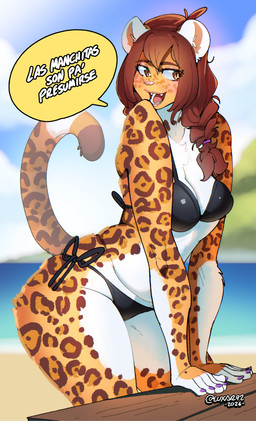 anthro beach bikini black_bikini black_clothing black_swimwear braided_hair clothing colored_nails female female_anthro freckles fur hair looking_aside markings mature_anthro mature_female nails orange_body orange_fur pose slightly_chubby smile solo spots spotted_body spotted_fur swimwear talking_to_another text thick_thighs thighs_up two-piece_swimsuit luxar92 kitzy_(luxar92) felid jaguar mammal pantherine artist_name colored detailed digital_drawing_(artwork) digital_media_(artwork) hi_res shaded signature spanish_text