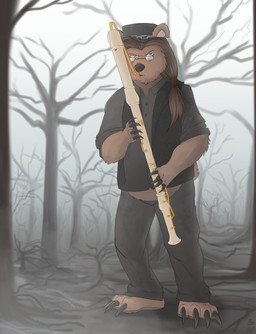 anthro biped black_clothing black_hat black_headwear black_nose black_topwear black_vest bottomwear brown_body brown_fur brown_hair claws clothed clothing collared_shirt dress_shirt eyebrows eyewear finger_claws forest front_view fur furgonomic_headwear furgonomics glasses grey_bottomwear grey_clothing grey_pants grey_shirt grey_topwear hair hat headgear headwear holding_musical_instrument holding_object long_hair looking_at_viewer male musical_instrument outside pants plant playing_music rectangular_glasses shirt solo toe_claws topwear tree vest wearing_glasses fuf bear mammal 2019 hi_res