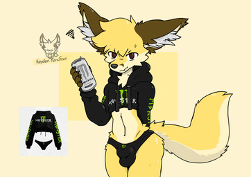 5_fingers anthro black_clothing black_hoodie black_panties black_topwear black_underwear bulge can clothed clothing container cropped_hoodie detailed_bulge fingers fur holding_can holding_container holding_object hoodie looking_at_viewer male midriff panties pantsless red_eyes snout solo tail topwear underwear yellow_body yellow_fur hayden_fencfoxo monster_energy hayden_(hayden_fencfoxo) canid canine fennec_fox fox mammal true_fox absurd_res hi_res