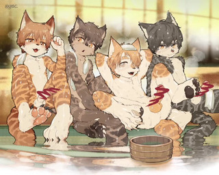 anthro balls bucket censored_genitalia censored_penis claws container erection front_view genitals group hot_spring humanoid_genitalia humanoid_penis kemono male male/male open_mouth pawpads penis shota spa steam towel water young young_anthro young_male yrac domestic_cat felid feline felis mammal 2024 5:4 animated censored loop short_playtime sound video