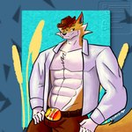 abs anthro bulge clothed clothing cowboy_hat hat headgear headwear male male/male open_clothing open_shirt open_topwear partially_clothed pecs shirt topwear avi_the_tiger forestpunktiger pallav_the_tiger animal_crossing nintendo chief_(animal_crossing) canid canine canis coyote mammal 1:1