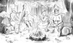 anthro areola armor breasts campfire female forest genitals group log multi_nipple nipples plant pussy staff tree wood doctordj uloth deer mammal reptile scalie snake suid suina sus_(pig) wild_boar monochrome