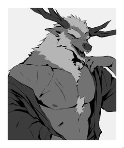 2_horns anthro antlers beard border chest_scar clothed clothed_anthro clothed_male clothing eyebrows facial_hair facial_scar front_view furrowed_eyebrows grey_background hair head_horn horn looking_aside male neck_tuft nipples open_mouth pecs scar simple_background snout solo teeth thick_eyebrows tongue_showing topwear tuft undressing white_border kingarthur_i deer mammal 2023 digital_drawing_(artwork) digital_media_(artwork) greyscale half-length_portrait hi_res monochrome portrait