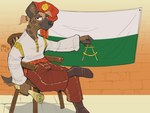 anthro blonde_hair boots chair clothing ears_up flag flag_(object) flag_on_wall footwear furniture hair hat headgear headwear holding_object looking_at_viewer male on_chair shoes sitting sitting_on_chair smile smiling_at_viewer solo tail wearing_hat mawkvlt kolya_yeen_(mawkvlt) hyena mammal 4:3 hi_res