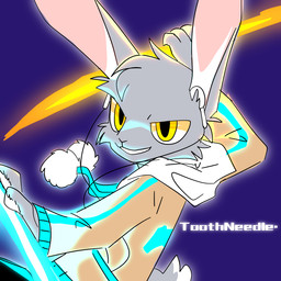 cheek_tuft clothing electronics facial_tuft fur glowing glowing_weapon grey_body grey_fur head_tuft headphones holding_object holding_weapon hoodie open_mouth open_smile outline purple_background simple_background smile solo topwear tuft weapon wire yellow_eyes toothneedle sorel lagomorph leporid mammal rabbit 1:1