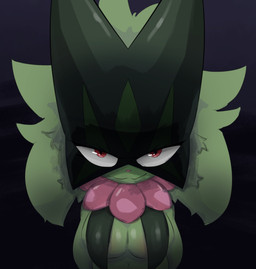 anthro black_background breasts cleavage clothed clothing female fur green_body green_fur looking_at_viewer mask medium_breasts red_eyes simple_background smile solo wearing_mask klydewitakay nintendo pokemon felid feline felis generation_9_pokemon mammal meowscarada pokemon_(species) 2025 absurd_res digital_media_(artwork) hi_res