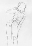 anthro bottomwear clothing denim denim_bottomwear denim_clothing female hand_on_head jeans leaning pants rear_view solo foxero absurd_res hi_res monochrome traditional_media_(artwork)