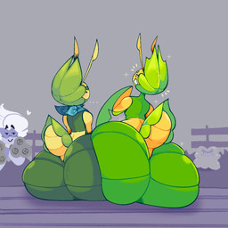 ambiguous_gender antennae_(anatomy) anthro anthro_on_anthro arthropod_abdomen asking asking_another ass_to_ass big_butt blue_kerchief blush bottom_heavy butt butt_size_difference confusion curvy_figure duo emanata exoskeleton femboy fence flower_hands glistening glistening_body glistening_butt glistening_skin glistening_thighs grass green_body green_skin group heart_symbol huge_butt kaomoji kerchief leaf leaf_arms looking_back male multicolored_body neckwear nude open_mouth outside peach_emoji pear-shaped_figure plant shadow simple_background simple_eyes simple_face sitting slime smile smirk smug speech_bubble standing tail text thick_thighs thought_bubble two_tone_body wide_hips yellow_body yellow_skin dozighost nintendo pokemon fleur_(dozighost) levi_(dozighost) arthropod ditto_(pokemon) elemental_creature flora_fauna generation_1_pokemon generation_4_pokemon generation_5_pokemon goo_creature leavanny pokemon_(species) roserade 1:1 2024 artist_name colored digital_drawing_(artwork) digital_media_(artwork) english_text shaded signature watermark