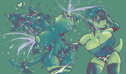 animal_print annoyed anthro big_breasts blush blush_lines bodily_fluids breast_grab breast_play breasts clothing cow_print cow_print_panties disembodied_hand drooling duo excessive_lactation eyeshadow female female/female fingering gloves hair half-shaved_head hand_on_breast hand_on_head hands_behind_back handwear huge_breasts knock-kneed lactating latex latex_clothing latex_gloves latex_handwear latex_legwear latex_thigh_highs legwear lipstick makeup milk nipple_fetish nipple_pinch nipple_play nipples one_eye_obstructed pattern_clothing pattern_gloves pattern_handwear pattern_legwear pinch print_clothing print_shirt print_t-shirt print_topwear pulling_hair saliva shirt standing striped_clothing striped_gloves striped_handwear striped_legwear stripes t-shirt tail tail_pull thigh_highs topwear touching_hair vaginal vaginal_fingering alithia milla_(alithia) pave_(alithia) domestic_cat felid feline felis lizard mammal reptile russian_blue scalie hi_res