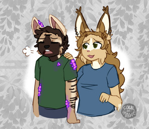 3_eyes anthro blonde_hair brown_body brown_fur brown_hair duo female fur green_eyes hair male male/female multi_eye sigh stripes tan_body tan_fur white_body white_fur yellow_body yellow_fur sourmagic stalcraft:x dom_shell levi_kyros domestic_cat felid feline felis hyena mammal striped_hyena valta