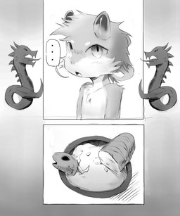 ambiguous_gender anthro arm_tuft belly bread chest_tuft countershade_torso countershading food fur horn looking_at_viewer open_mouth shoulder_tuft solo speech_bubble tuft white_belly white_body white_countershading huntings mythology red_the_explorer dragon furred_dragon furred_scalie mythological_creature mythological_scalie scalie 5:6 absurd_res comic hi_res monochrome