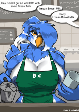 anthro apron apron_only beak beverage big_breasts blue_body blue_feathers blue_nipples breasts cafe clothing coffee coffee_cup coffee_pot container cup curvy_figure dialogue feathers female hair hair_over_eye huge_breasts looking_at_viewer moka_pot nipple_slip nipples ponytail solo speech_bubble tail tail_feathers text tuft white_body white_feathers wide_hips winged_hands wings yellow_eyes just-a-smidgen birb_cafe i_mean_breast_milk chelly_(birb_cafe) avian bird budgerigar loriine parakeet parrot true_parrot absurd_res english_text hi_res meme