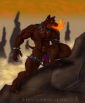 anthro big_muscles bracelet breath_powers claws collar elemental_manipulation fire fire_breathing fire_manipulation genitals glowing glowing_eyes jewelry male muscular muscular_anthro muscular_male navel navel_piercing penis piercing purple_penis red_eyes solo spiked_bracelet spiked_collar spikes sudonym mythology canid canid_demon canine demon hellhound mammal mythological_canine mythological_creature 2001