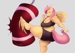 anthro athletic_wear big_breasts big_butt black_clothing bodily_fluids bottomwear bra breasts butt chain cleavage clenched_hands clothed clothing crop_top female fur green_eyes gym_bottomwear gym_shorts hair kick martial_arts outstretched_hand overweight overweight_female panties pink_hair pink_tail punching_bag red_clothing red_panties red_underwear sand_bag sandbag shirt shorts snout solo sports_bra sweat tail thick_thighs tight_clothing topwear translucent translucent_clothing underwear wings yellow_body yellow_fur luminared friendship_is_magic hasbro my_little_pony mythology fluttershy_(mlp) equid equine mammal mythological_creature mythological_equine pegasus hi_res