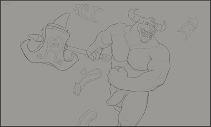 anthro axe balls battle_axe facial_piercing flaccid foreskin genitals head_tuft holding_axe holding_object horn humanoid_genitalia humanoid_penis male male_anthro muscular muscular_anthro muscular_male nipples nose_piercing nose_ring nude open_mouth overweight overweight_anthro overweight_male pecs penis piercing ring_piercing septum_piercing septum_ring simple_background solo tuft aduran bovid bovine cattle mammal absurd_res hi_res monochrome sketch