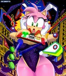 anthro big_breasts blue_body blue_fur blush bracelet breasts bumper_(sonic) bunny_costume casino chaos_emerald clothing costume duo eyelashes fake_ears fake_rabbit_ears female fur gem gloves green_eyes hand_on_cheek handwear jewelry low-angle_view macro male open_mouth pinball pink_body pink_fur ring slot_machine surprised_expression tan_body tan_skin thick_thighs incogneato sega sonic_the_hedgehog_(series) amy_rose sonic_the_hedgehog eulipotyphlan hedgehog mammal absurd_res hi_res signature