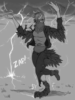 anthro avian_feet beak bottomwear claws clothed clothing cloud electricity feathers female hair lightning on_one_leg open_mouth outside pants shirt solo sound_effects standing tail tail_feathers toe_claws topwear torn_bottomwear torn_clothing torn_jacket torn_pants torn_shirt torn_shoes torn_topwear transformation sutibaru avian human mammal hi_res monochrome signature