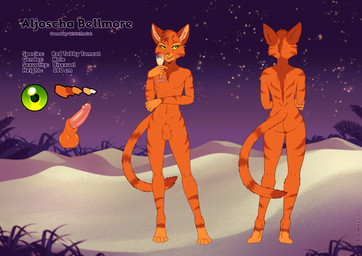animal_genitalia anthro balls biped casual_nudity digitigrade erection feet fully_sheathed fur genitals glans green_eyes hindpaw humanoid_genitalia humanoid_penis hybrid_genitalia hybrid_penis knife male male_anthro markings nude nude_anthro orange_body orange_fur paws penis sheath sheathed_humanoid_penis striped_markings stripes rukifox domestic_cat felid feline felis mammal model_sheet