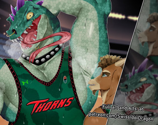 anthro armpit_fetish basketball_uniform clothing duo facial_piercing horn male male/male muscular muscular_anthro muscular_male nose_piercing piercing scales size_difference spikes spikes_(anatomy) sportswear tongue tongue_out uniform vitor_swissidoldragon goat_(movie) sony_corporation sony_pictures modo_olachenko will_harris bovid caprine goat komodo_dragon lizard mammal monitor_lizard reptile scalie alternate_version_at_source hi_res