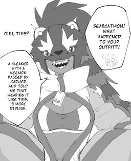 armor big_zipper breasts cleavage clothed clothing crop_top dark_body dark_skin dialogue female hair headgear helmet jacket long_hair midriff oblivious open_clothing open_jacket open_mouth open_smile open_topwear sharp_teeth shirt smile solo speech_bubble striped_hair surprised teeth text topwear unzipped zipper phantom_phony bandai_namco digimon digimon_beatbreak reina_sakuya animal_humanoid bearcatmon binturong_humanoid humanoid mammal mammal_humanoid viverrid viverrid_humanoid english_text hi_res monochrome