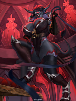 anthro armor armwear belt belt_buckle big_breasts black_armwear black_clothing black_gloves black_hair black_handwear black_legwear black_leotard black_tail_tuft breasts buckle ceiling chair cleavage clothed clothing curved_horn detailed_background dominant dominant_female ear_piercing ear_ring elbow_gloves eyelashes facial_markings facial_piercing feather_ear_ring feathers female fur furniture gloves gold_(metal) grey_body grey_eyes grey_fur grey_horn hair handwear head_markings holding_leash holding_object hooves horn huge_breasts inside leash leashed_viewer legwear leotard looking_at_viewer looking_down low-angle_view markings nose_piercing nose_ring one_leg_up piercing raised_leg red_background red_lighting red_markings ring_piercing septum_piercing simple_background skimpy solo stained_glass stained_glass_window tail tail_tuft thick_thighs thigh_highs tuft two_tone_tail wall_(structure) white_markings wide_hips window bremonqueen_(artist) blizzard_entertainment warcraft bovid bovine mammal tauren 2022 3:4 absurd_res digital_media_(artwork) hi_res shaded signature