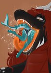 anthro bodily_fluids butt close-up clothed clothing devious_grin dripping drooling duo fangs female female/female fur hair head_first horn hungry imminent_vore in_throat larger_female larger_pred laying_on_tongue long_tail markings mouth_shot multicolored_body multicolored_fur multicolored_tail open_mouth oral_vore orange_insides orange_internal partially_clothed pawpads predator/prey red_hair saliva saliva_drip saliva_on_tongue saliva_string scales simple_background size_difference smaller_female swallowing tail teeth tongue vore milkybunnyuwu mythology adara_(marley_n_friends) dragon fish marine mythological_creature mythological_scalie scalie shark absurd_res hi_res