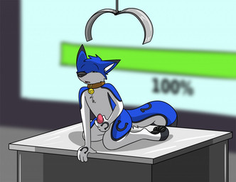 after_transformation anthro belly_grab blue_body blue_fur blue_latex brown_hair collar fur furniture genitals goo_transformation good_boy hair hand_on_penis human_to_anthro latex locked male on_table penis ring sitting sitting_on_table slime solo species_transformation table transformation transformation_ring white_body white_fur fox0808 coltthefurry canid canine canis human mammal wolf