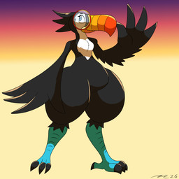 anthro beak black_body black_feathers blue_eyes eyewear feather_hair feathered_wings feathers feet female glasses pseudo_hair round_glasses talons toes wings dirtymac mac-daddy avian bird tocan 1:1 absurd_res hi_res