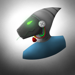 anthro blue_clothing blue_shirt blue_topwear clothing flower flower_in_mouth green_eyes grey_body grey_markings grey_skin looking_at_viewer looking_back machine male markings plant rose_(flower) rose_in_mouth shirt solo stripes topwear biolumine aquatic fish protogen shark 1:1 bust_portrait character_request hi_res portrait