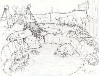 anthro armpit_hair bath body_hair bottomwear clothing duo harness hot_spring magma_totem male nude pants partially_submerged water ryoken blizzard_entertainment warcraft hippo_(character) tooth_(character) bovid bovine canid canine canis mammal tauren werecanid werecreature worgen