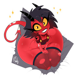 big_butt black_clothing black_eyebrows black_eyes black_hair black_horn black_lips black_topwear breasts butt clothing eyebrows eyelashes female hair high-angle_view horn huge_butt kneeling legwear lips looking_at_viewer markings mole_(marking) not_furry red_body red_clothing red_legwear red_skin red_tail red_thigh_highs simple_background small_breasts smile smiling_at_viewer solo spade_tail tail tattoo teeth thick_thighs thigh_highs topwear torn_thigh_highs white_background yellow_sclera refidl hellaverse helluva_boss millie_(helluva_boss) demon humanoid imp 1:1 2026 absurd_res colored digital_media_(artwork) hi_res shaded signature