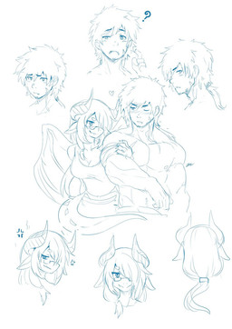 blush clothing eyewear female glasses horn looking_at_viewer male question_mark simple_background white_background wings sollyz human mammal scalie 2017 digital_drawing_(artwork) digital_media_(artwork) hi_res signature sketch sketch_page