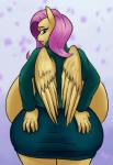 2015 abstract_background anthro anthrofied big_breasts breasts clock-face clothed clothing equid equine feathered_wings feathers female fluttershy_(mlp) friendship_is_magic hair hand_on_butt hasbro hi_res huge_breasts hyper hyper_breasts looking_back mammal my_little_pony mythological_creature mythological_equine mythology pegasus rear_view simple_background solo wings yellow_body yellow_feathers