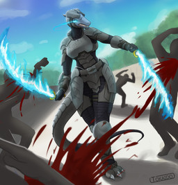 3_toes anthro armor battle blood blue_body blue_eyes blue_skin bodily_fluids breasts claws clothed clothing cloud digitigrade dual_wielding energy_sword feet female fight glowing glowing_eyes group gun handgun holding_object holding_weapon horn melee_weapon outside pistol ranged_weapon science_fiction simple_background sky snarling solo_focus standing sword tail teeth toe_claws toes weapon tokaido mythology anon menka dragon human mammal mythological_creature mythological_scalie scalie 2015 digital_media_(artwork) hi_res