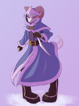 anthro clothed clothing dagger dual_wielding female fully_clothed holding_dagger holding_melee_weapon holding_object holding_weapon horn looking_at_viewer melee_weapon purple_background simple_background solo standing text weapon jarnqk lya_(jarnqk) kobold scalie 2021 absurd_res artist_name full-length_portrait hi_res portrait