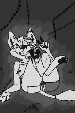 anthro ear_piercing exposed_brain facial_piercing female genitals gesture guiche_piercing hand_gesture heterochromia humanoid_genitalia legs_up multiple_piercings nipple_piercing nipples nose_piercing pawpads paws piercing pubes sewn_arms sewn_body sewn_face sewn_legs sewn_torso smile smiling_at_viewer solo stitch_(sewing) teeth_showing v_sign vulva toof_snoot toof_(toof_snoot) chimera patchwork_creature 2:3 hi_res monochrome