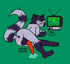animal_genitalia animal_penis anthro anus balls big_penis canine_genitalia canine_penis controller electronics erection eyewear fighting_game fur gaming genitals glasses gloves_(marking) green_background grey_body grey_fur knot knotted_penis leg_markings lying male male_anthro markings nude_anthro nude_male on_side penis rear_view red_penis simple_background socks_(marking) solo striped_markings striped_tail stripes tail tail_markings television text tongue tongue_out kinkykikker mammal procyonid raccoon 2025 artist_name digital_drawing_(artwork) digital_media_(artwork)