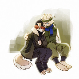 anthro black_bottomwear black_clothing black_nose black_pants blue_eyes bottomwear brown_body brown_fur cheek_tuft closed_smile clothed clothing duo facial_tuft floppy_ears fur glistening glistening_nose green_bottomwear green_clothing green_jacket green_pants green_topwear head_tuft jacket male mouth_closed one_eye_closed pants sad simple_background sitting smile three-quarter_view topwear tuft unsigned white_body white_fur asnnonaka k-nine_(asnnonaka) canid canine canis domestic_dog mammal 1:1