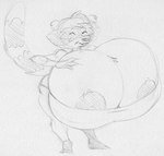 anthro big_nipples breasts eyes_closed female head_tuft hyper long_tail mature_female nipples solo standing tail teeth tuft sbshouseofpancakes harvey_beaks nickelodeon meryl_(harvey_beaks) mammal procyonid raccoon monochrome traditional_media_(artwork)